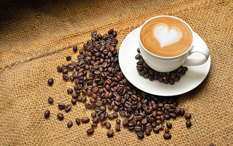 Latte Art Heart And Beans, Latte, Coffee, Cream, Abstract, Beans, Heart, HD wallpaper