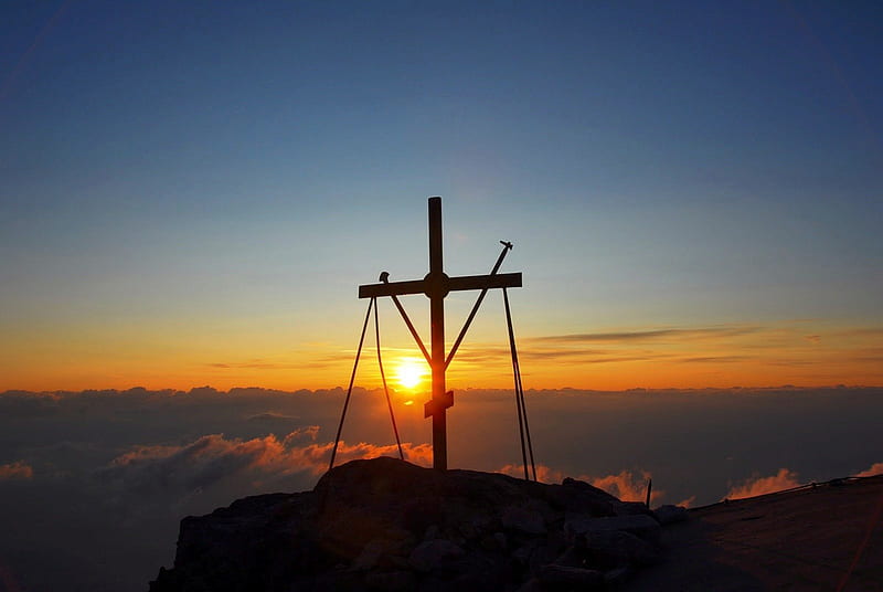Mount Athos, summit, sunset, clouds, cross, sky, HD wallpaper
