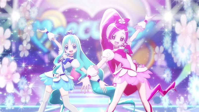 Heart Catch, cure marine, pretty, dress, adorable, sweet, magical girl, nice, pretty cure, anime, anime girl, long hair, cure blossom, female, lovely, smile, smiling, happy, cute, kawaii, girl, blue hair, precure, pink hair, HD wallpaper