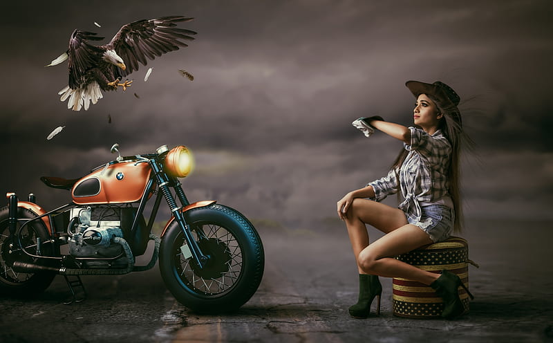 Country Girl Ultra, Aero, Creative, Girl, Bird, Woman, Road, Western, Eagle, Motorcycle, Country, bike, cowgirl, editing, manipulation, aesthetic, contry, HD wallpaper