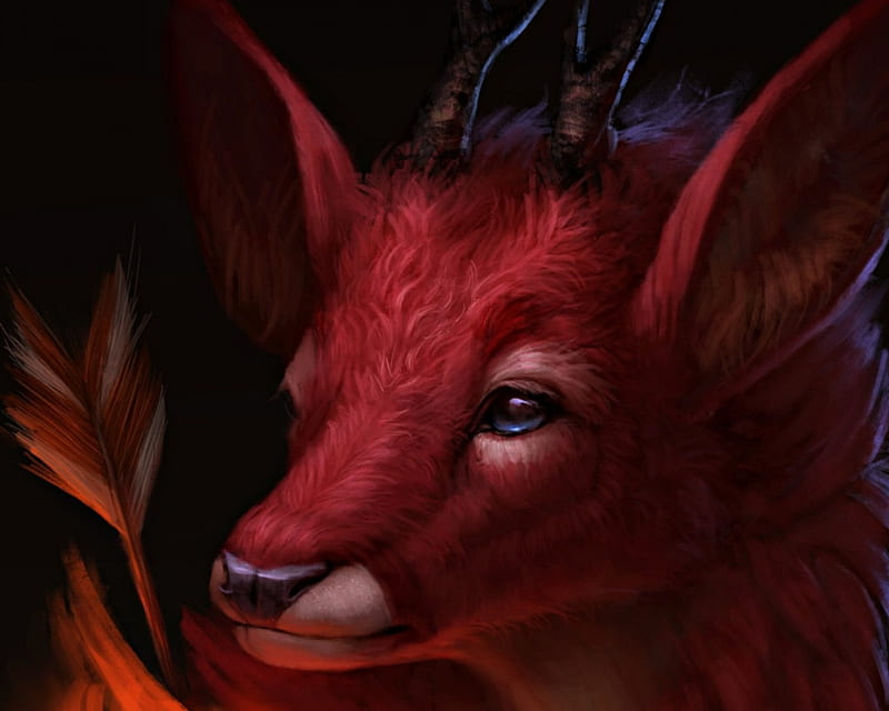 Red deer, red, luminos, beneath the sun, deer, horns, cute, fantasy, jademere, creature, HD wallpaper
