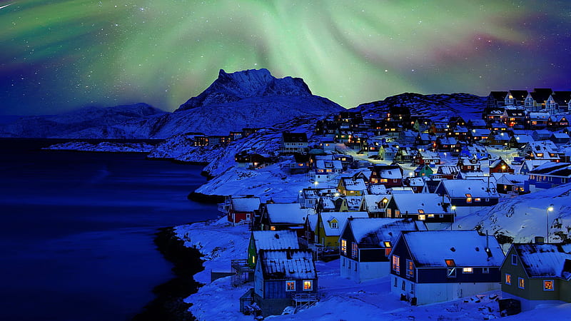 Polar night, aurora borealis, evening, night, winter, art, houses, bonito, sea, mountain, snow, polar, village, HD wallpaper