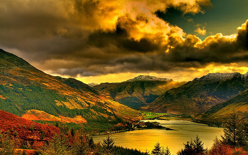 The Beauty Of Northwest Highlands, Scotland, forest, autumn, mountains, bonito, sunrise, clouds, sky, lake, HD wallpaper