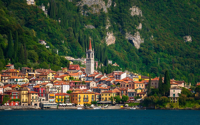 Lake Como, Varenna, evening, sunset, summer, beautiful lake, Italian city, Varenna cityscape, Lombardy, Italy, HD wallpaper