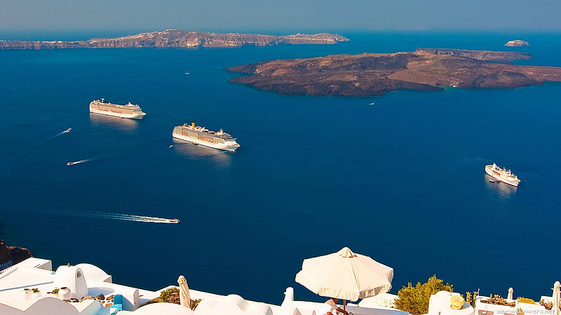 Santorini, Aegian, sea, ships, world, vacation, cruise, islands, ocean, travel, Santorini, nature, white, blue, HD wallpaper