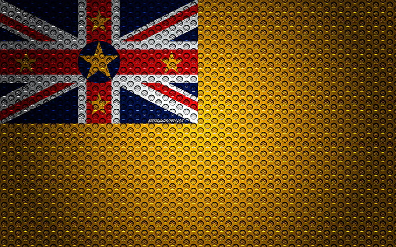 Flag of Niue creative art, metal mesh texture, Niue flag, national symbol, Niue, Oceania, flags of Oceania countries, HD wallpaper