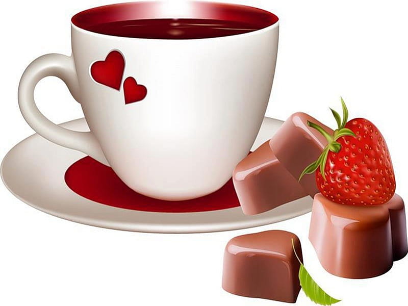  Buenos días, café, fresa, chocolate, corazón rojo, taza, desayuno, Fondo de pantalla HD