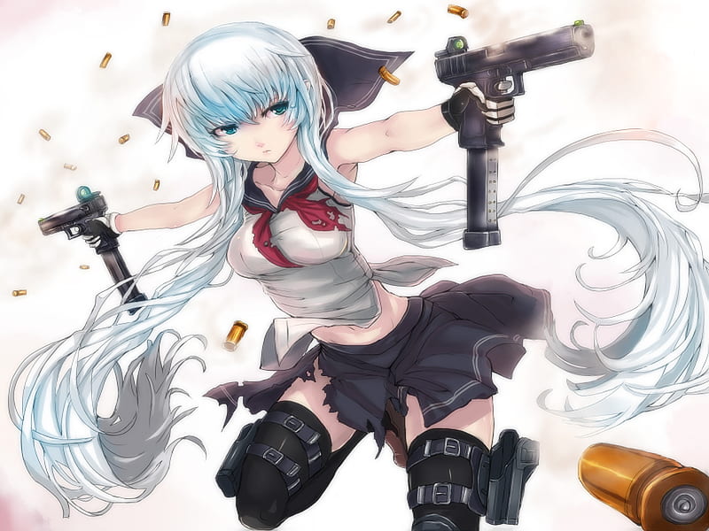 Dual Wielding, out, shot, white hair, thigh highs, guns, torn clothes, hot, anime girl, damn, school uniform, female, sexy, twin tails, weapons, cool, boom, bullet, HD wallpaper
