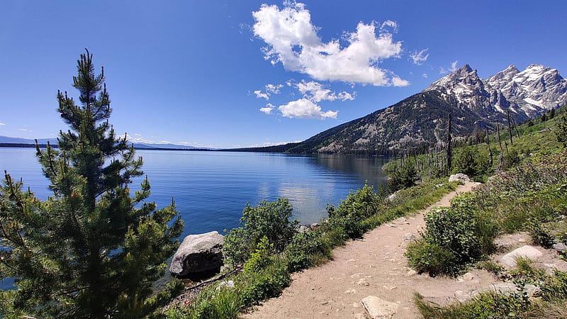 Jenny Lake, Grand Teton National Park, path, clouds, landscape, mountains, water, wyoming, usa, HD wallpaper