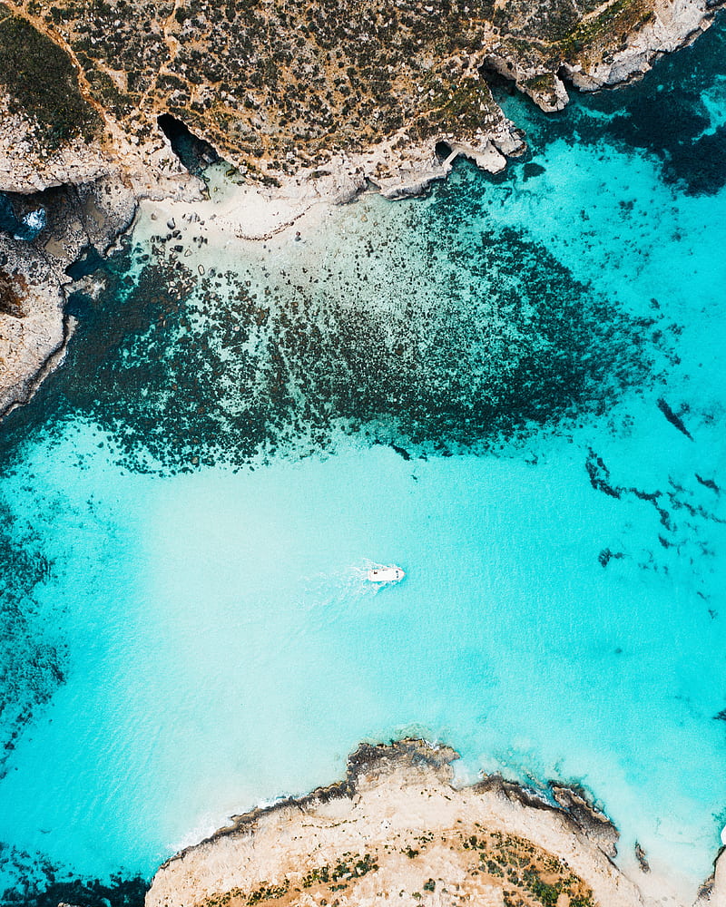 bay, aerial view, sea, yacht, coast, reefs, HD phone wallpaper
