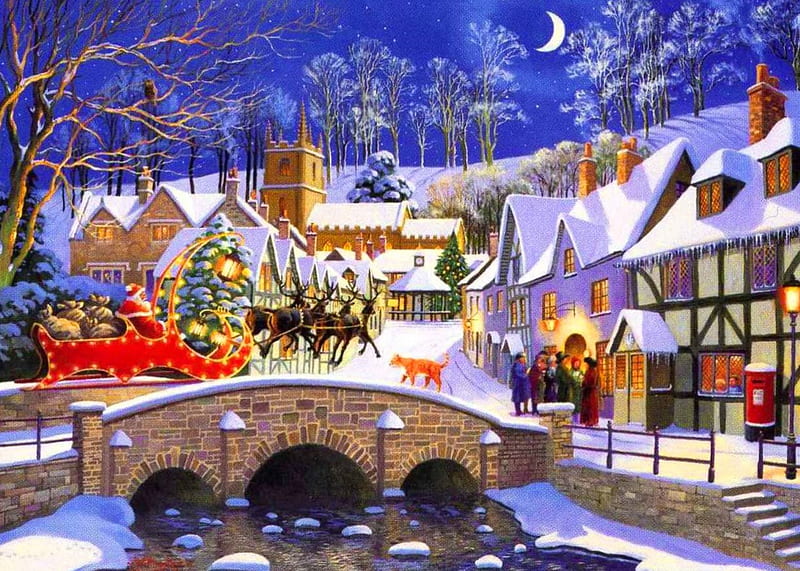 Special delivery, sleigh, special, bonito, eve, bridge, painting, village, reindeers, light, art, holiday, visit, christmas, houses, fun, joy, mood, winter, santa, snow, ride, moonlight, delivery, HD wallpaper