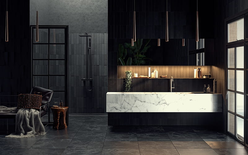 stylish modern bathroom interior, black bathroom, black vertical tile, stylish interior design, HD wallpaper