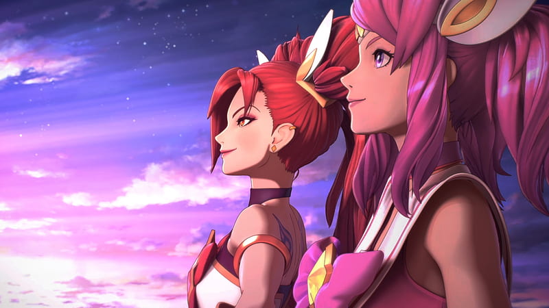 Jinx and Lux, lux, red hair, lol, league of legends, jinx, magical girl, 3D, star guardian, skin, alternative outfit, pink hair, HD wallpaper