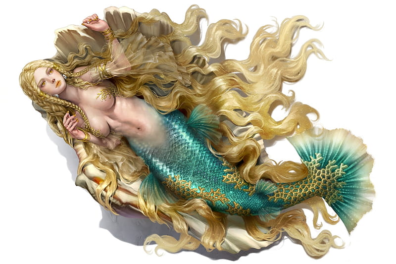 Mermaid, frumusete, luminos, golden, jidori, hannah ji, vara, fantasy, shell, girl, summer, siren, blue, HD wallpaper
