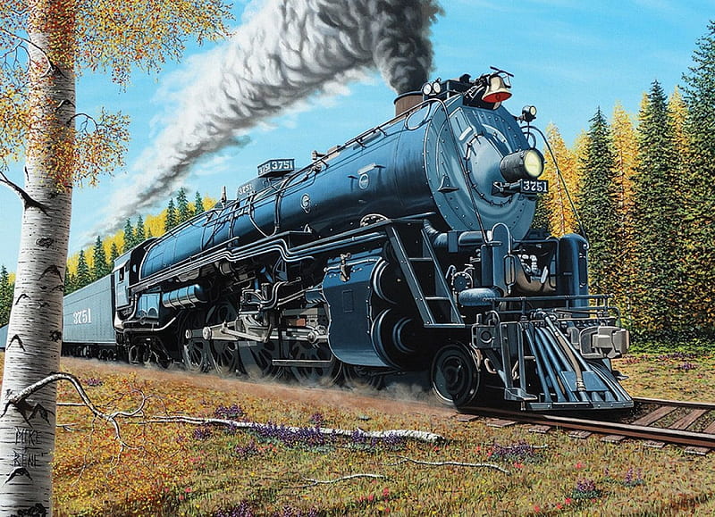 Santa Fé, locomotive, painting, railways, steam, vintage, artwork, HD wallpaper