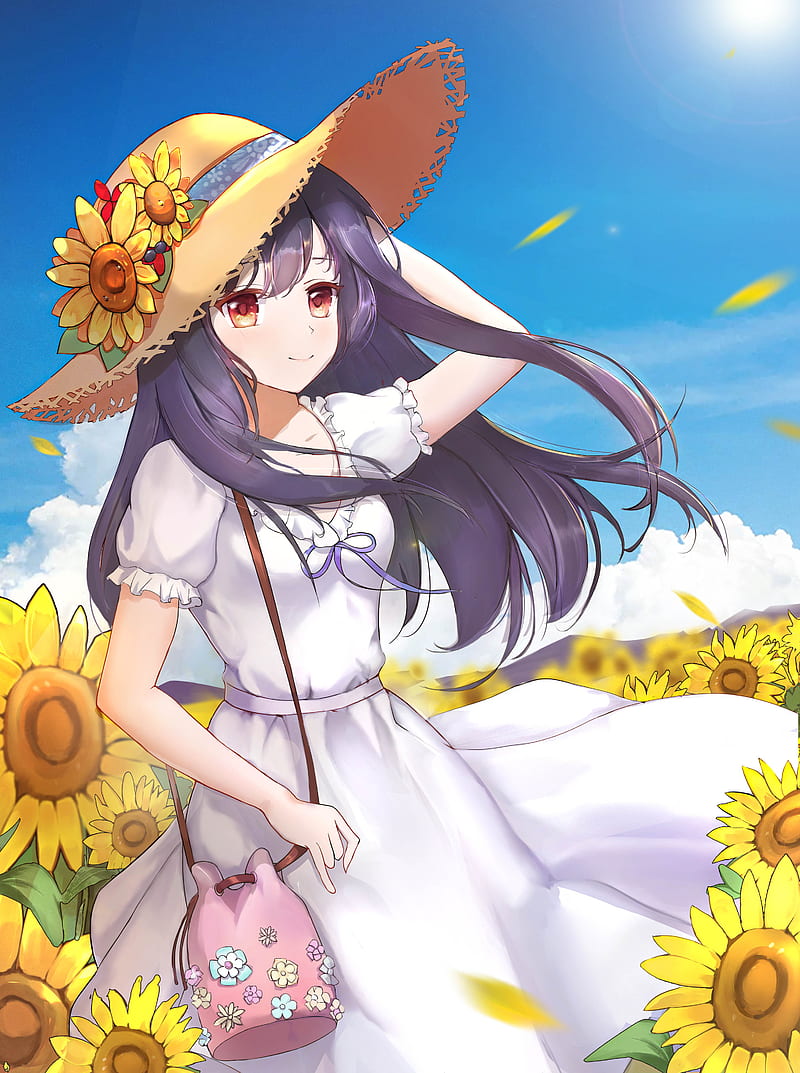girl, hat, flowers, summer, anime, HD phone wallpaper