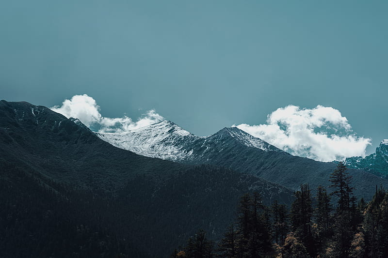mountains, peaks, clouds, trees, landscape, HD wallpaper