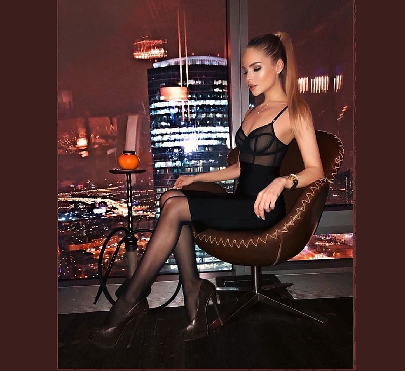 alena vragevskaya, black heels, black dress, watch, blonde, view of city, orange candle holder, adjustible straps, jewelry, HD wallpaper
