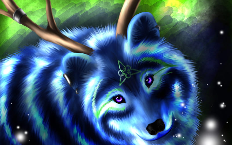 blue wolf, art, painted wolf, predator, forest, neon wolf, HD wallpaper