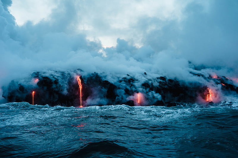lava dripping to ocean, HD wallpaper