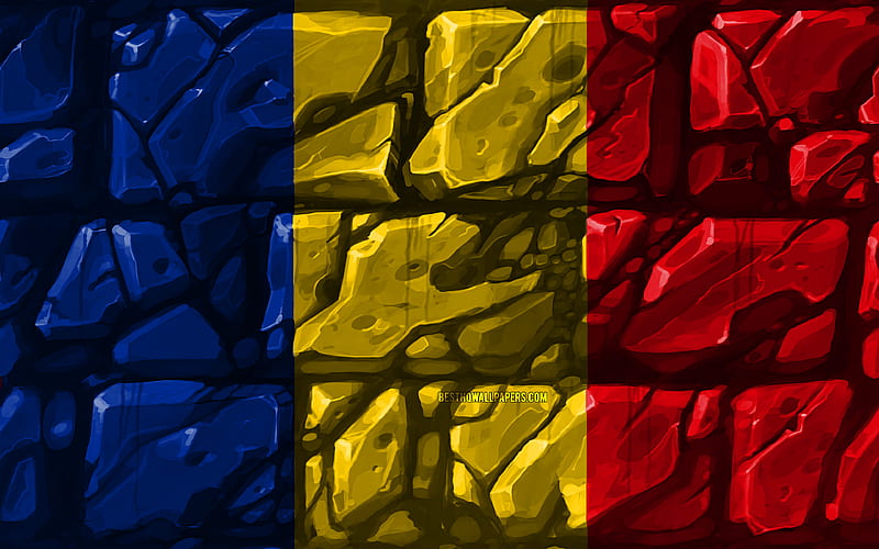 Romanian flag, brickwall European countries, national symbols, Flag of Romania, creative, Romania, Europe, Romania 3D flag, HD wallpaper