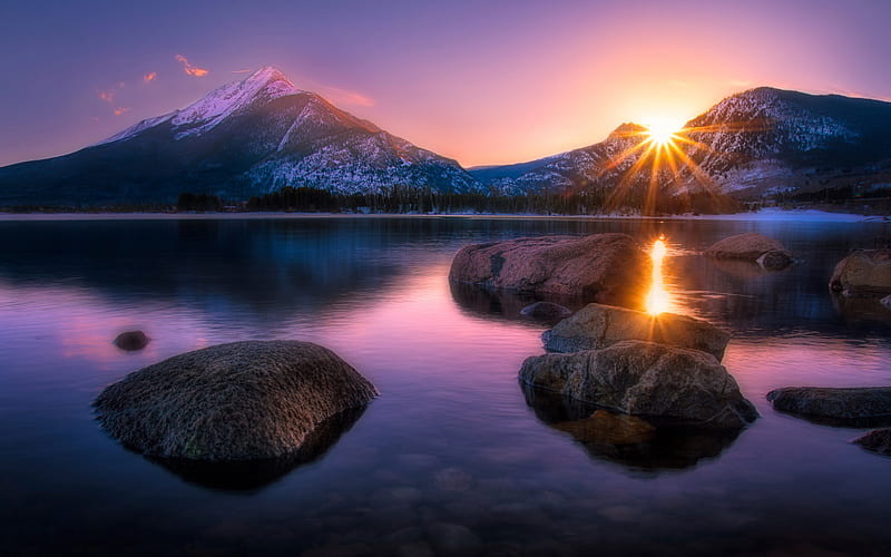 mountain landscape, sunset, evening, mountain lake, silence, stones in the water, HD wallpaper