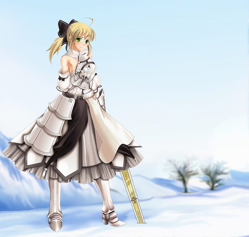 Winter Land, pretty, saber lily, sweet, nice, anime, anime girl, weapon, long hair, sword, lovely, excalibur, gown, blonde, winter, happy, snow, maiden, knight, saber, scenic, dress, blond, divine, elegant, fate stay night, blade, scenery, gorgeous, female, blonde hair, smile, blond hair, armor, warrior, girl, ublime, lady, scene, HD wallpaper