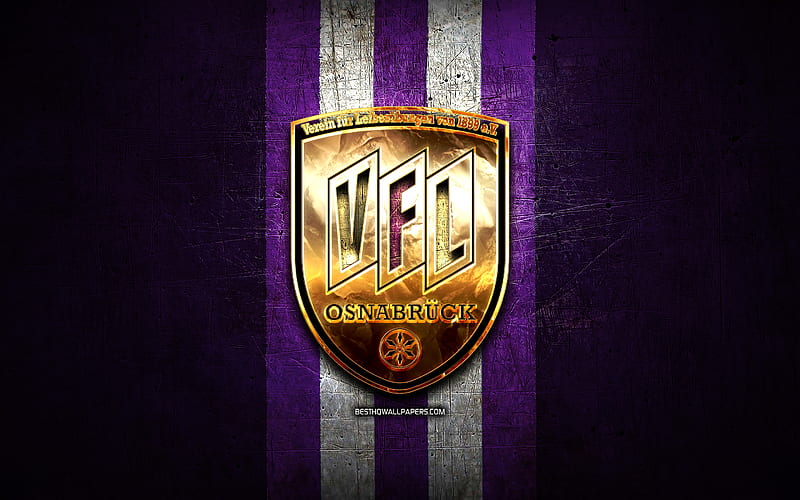 Osnabrueck FC, golden logo, Bundesliga 2, violet metal background, football, VfL Osnabrueck, german football club, Osnabrueck logo, soccer, Germany, HD wallpaper