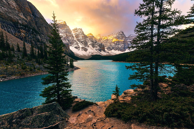 banff national park, moraine lake, sunset, scenery, canada, cozy, Landscape, HD wallpaper