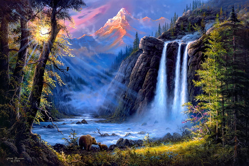 Beneath the Falls, art, mountain, rays, paradise, waterfall, bonito, bears, falls, HD wallpaper