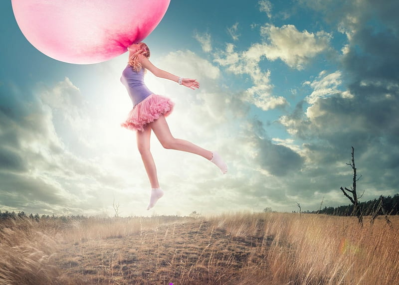 Pink Bubble Gum, bubble gum, sky, woman, pink, HD wallpaper