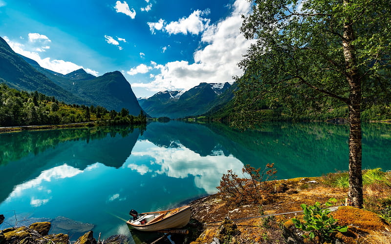 emerald lake, glacial lake, forest, mountain landscape, spring, beautiful landscape, lake, Norway, HD wallpaper