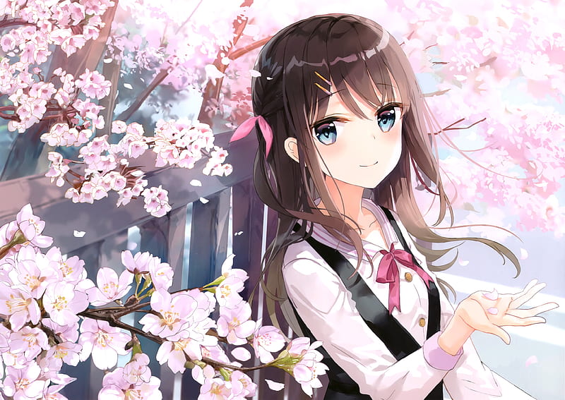 pretty anime school girl, sakura blossom, brown hair, gentle smile, Anime, HD wallpaper