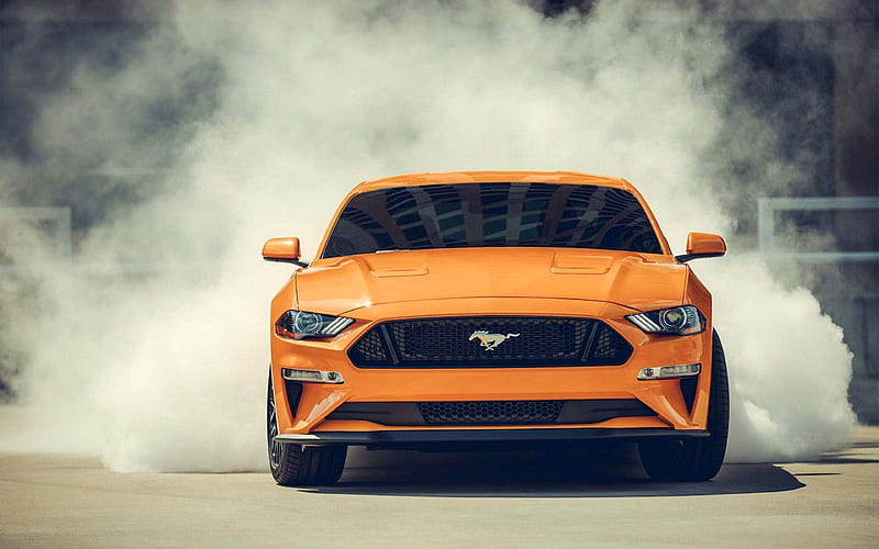 Ford Mustang 2018 cars, smoke, supercars, orange Mustang, parking, Ford, HD wallpaper