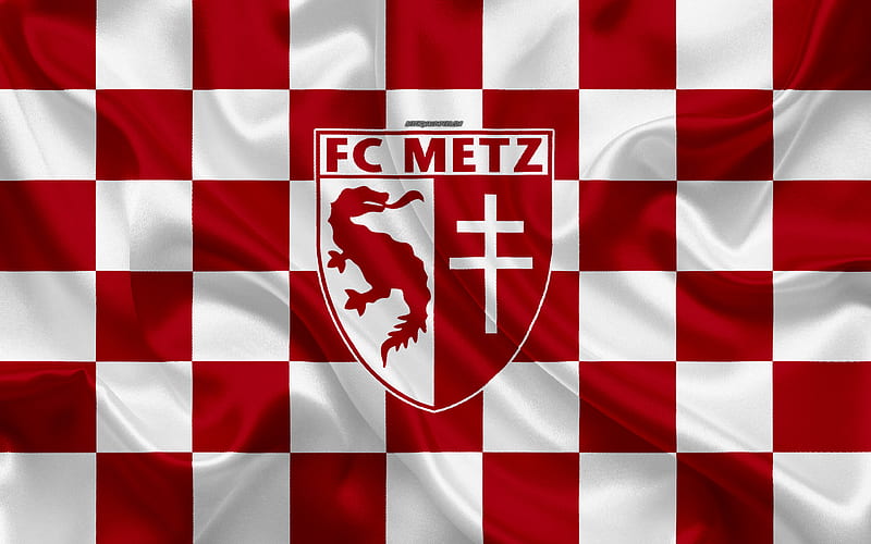 FC Metz logo, creative art, burgundy white checkered flag, French football club, Ligue 2, new emblem, silk texture, Metz, France, football, HD wallpaper