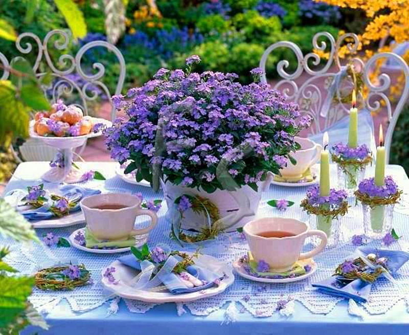 table, purple, flowers, beauty, breakfast, tea, HD wallpaper