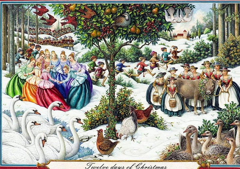 The Twelve Days of Christmas, artwork, women, geese, tree, boys, snow, men, car, painting, girls, HD wallpaper