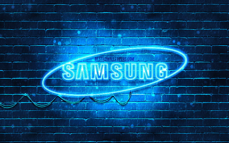 Samsung blue logo blue brickwall, Samsung logo, brands, Samsung neon logo, Samsung, HD wallpaper