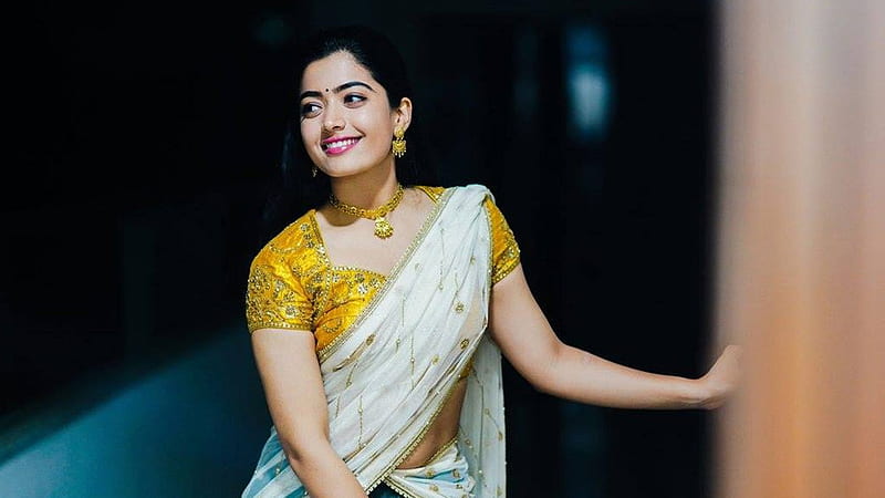 Beautiful Rashmika Mandanna Is Wearing Yellow White Half Saree And Golden Jewels Girls, HD wallpaper