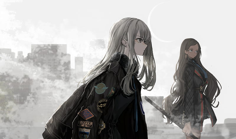 anime girls, earrings, profile view, sword, long hair, Anime, HD wallpaper