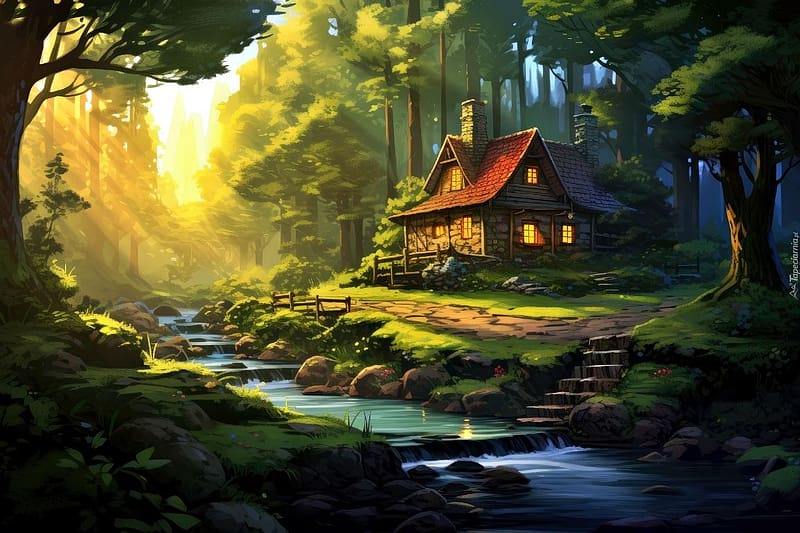 Illuminated wooden house in the forest next to a stream, erdo, megvilagitott haz, patak, fak, HD wallpaper