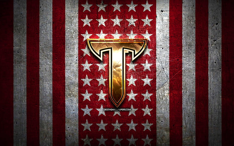Troy Trojans flag, NCAA, purple white metal background, american football team, Troy Trojans logo, USA, american football, golden logo, Troy Trojans, HD wallpaper