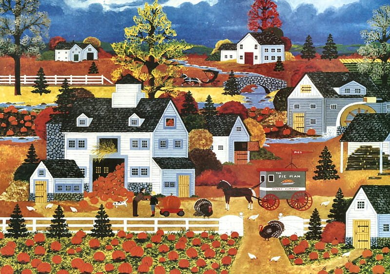 Bountiful Harvest F2, art, autumn, harvest, artwork, painting, wide screen, scenery, landscape, pumpkins, HD wallpaper