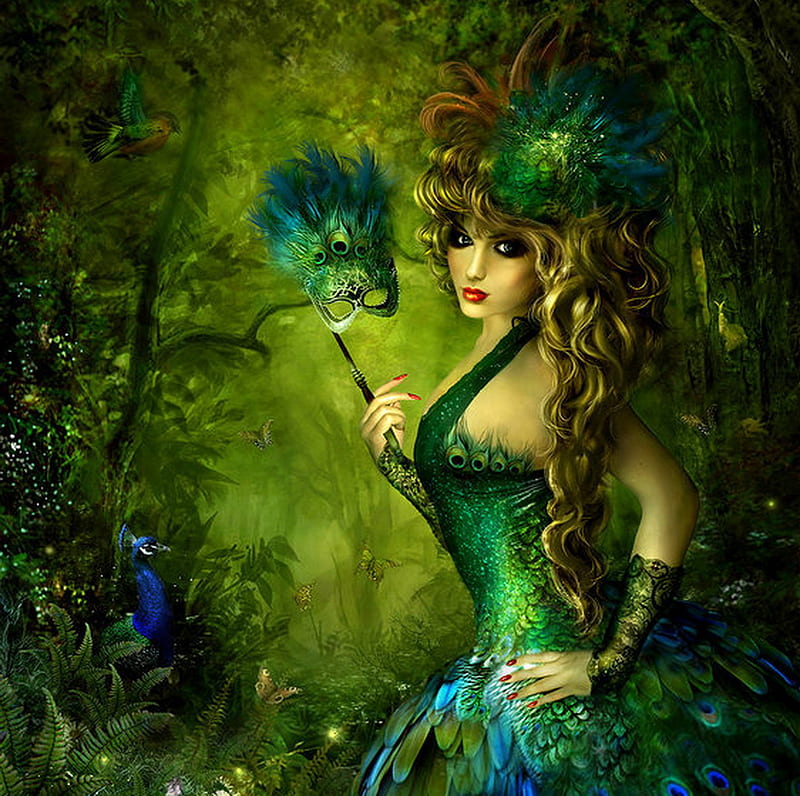 Peacock lady, forest, fantasy, peacock, beauty, butterflies, mask, abstract, lady, HD wallpaper