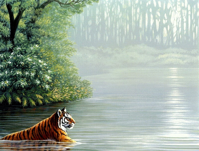 TIGER RIVER, river, tiger, cat, trees, HD wallpaper