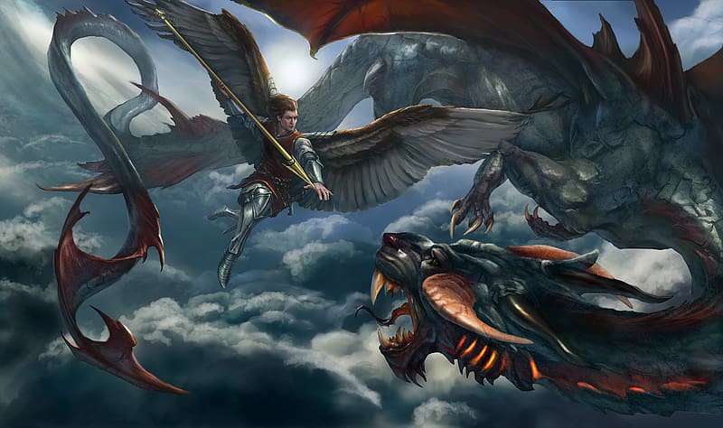 Fantasy, Dragon, Angel, Angel Warrior, Archangel, HD wallpaper