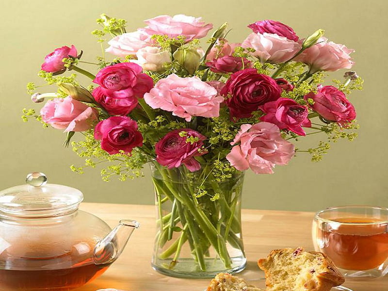 Early summer morning, wonderful, soft, roses, tea, bouquet, deep, siempre, summer, flowers, nature, sunshine, pink, HD wallpaper