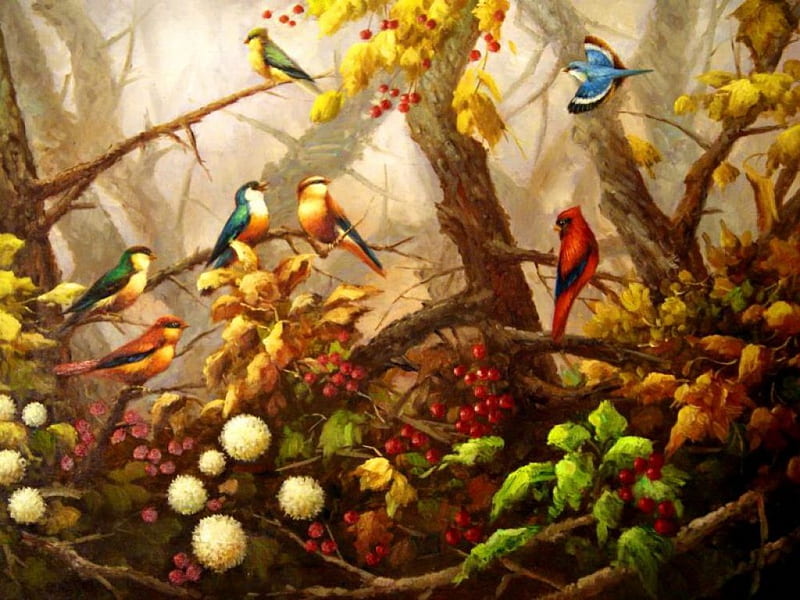 Paradise birds, forest, art, wings, flight, birds, bonito, magic, tree, paradise, flowers, HD wallpaper