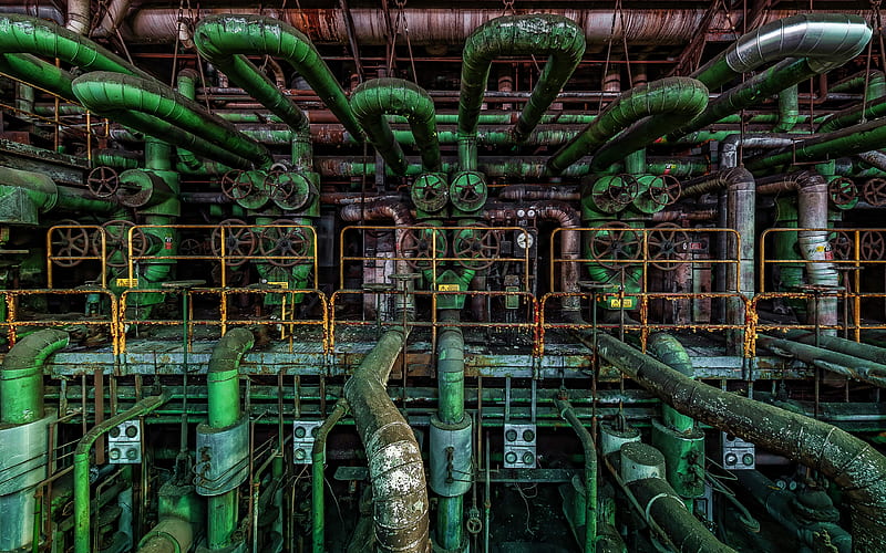 abandoned factory cooling system, rusty pipes, plant, pipelines, grunge, HD wallpaper