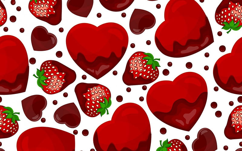 Valentine's Day collage, fruit, red, strawberry, chocolate, heart, day, valentine, white, HD wallpaper